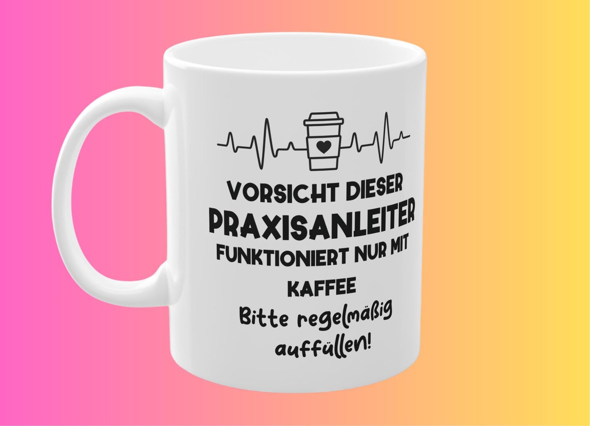 Personalisierte Praxisanleiter-Tasse aus hochwertiger Keramik (350 ml) mit dem lustigen Spruch 'Dieser Praxisanleiter funktioniert nur mit Kaffee', individuell gestaltbar mit Namen oder Text – perfektes Geschenk für Pflegekräfte und Nurses
